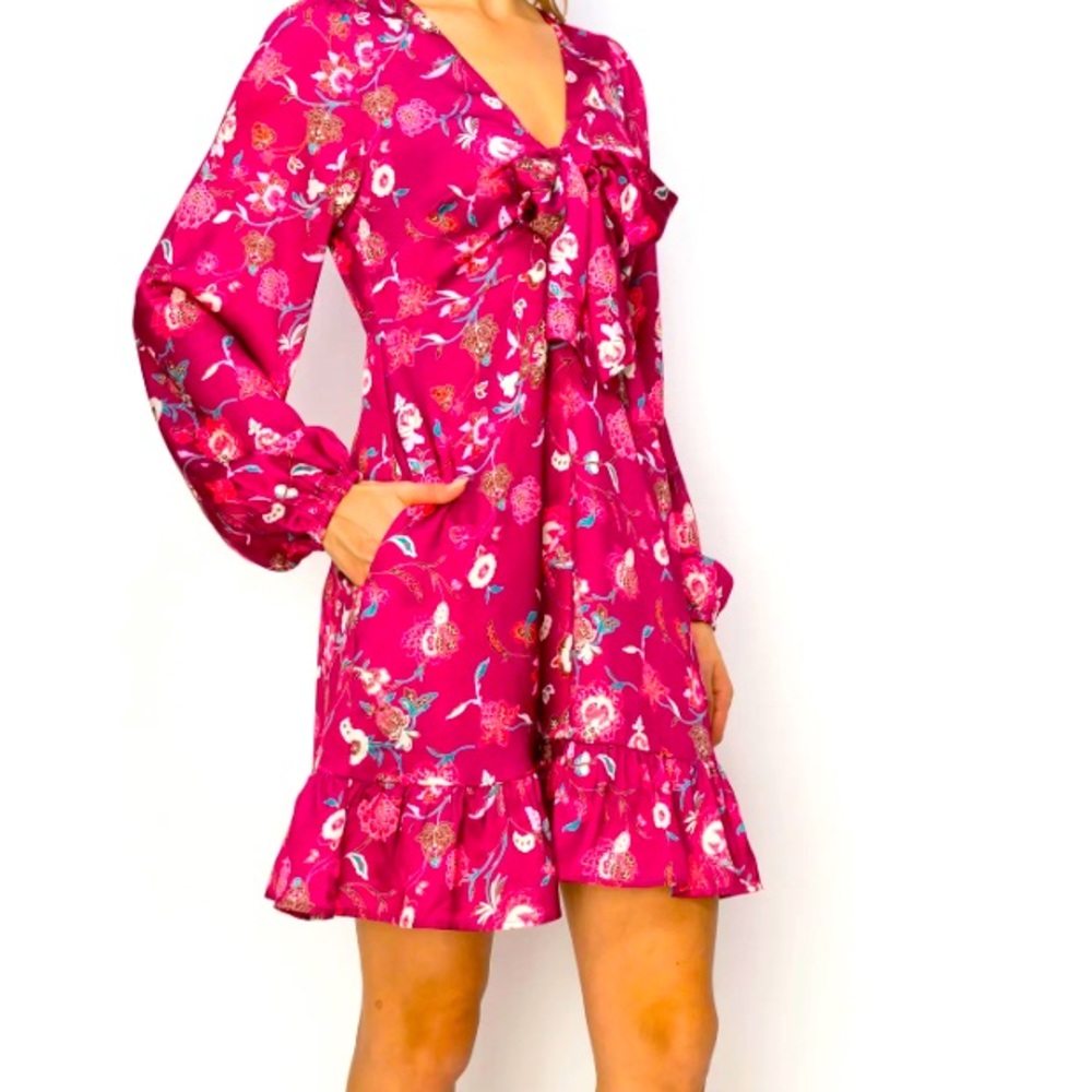 Melloday magenta floral satin dress. L